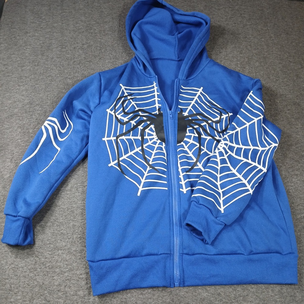 SHEIN Mens Blue Spider Web‎ Graphic Zip Up Hoodie Streetwear Small